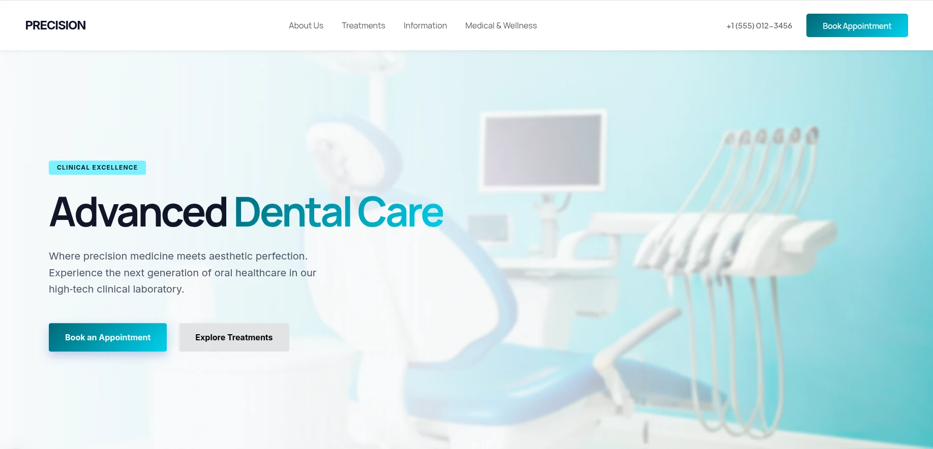 The Precision template: a bright, clinical dental website
